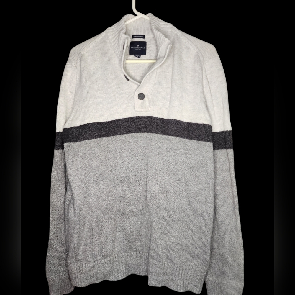American Eagle Seriously Soft Gray Color Block 1/4 Button Mock Neck Sweater